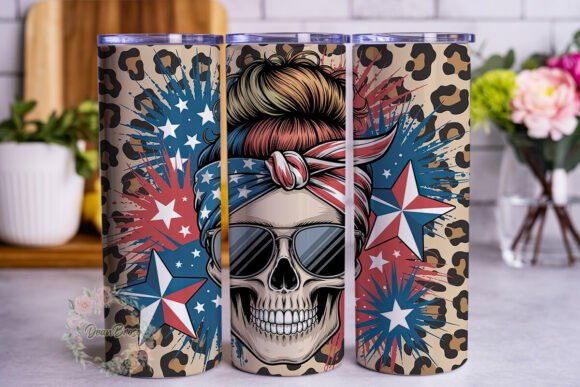 Patriotic Skull Messy Bun Tumbler Wrap Graphics
