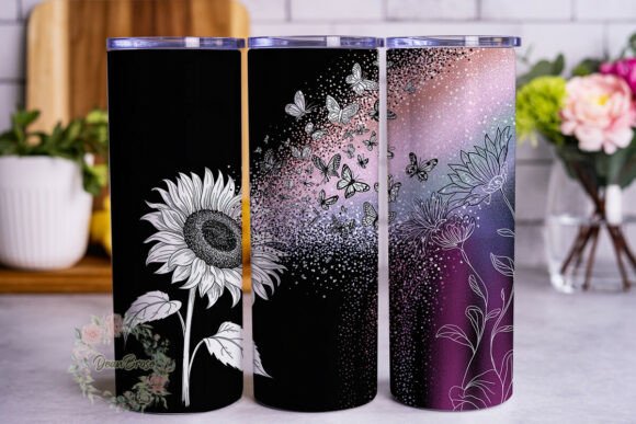Pink Glitter Sunflower Butterflies Graphics for Tumbler Wraps