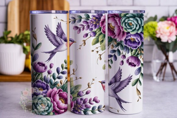 Purple Botanical Bird 20oz Tumbler Wrap Graphics