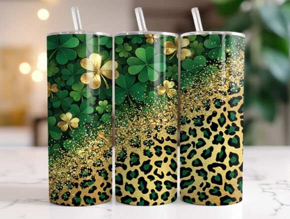 Shamrock Leopard Gold Glitter Tumbler Graphics