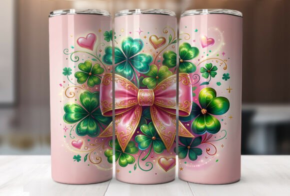 Soft Pink Lucky Shamrock Bow Tumbler PNG Graphics