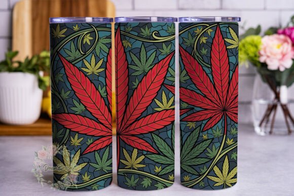 Stained Glass Cannabis Leaf Design PNG