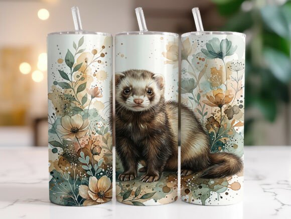 Watercolor Ferret Floral Tumbler Wrap: Graphics & Tumbler Wraps